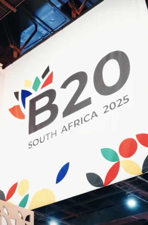 B20 Logo on a digital signpost overheard a stage